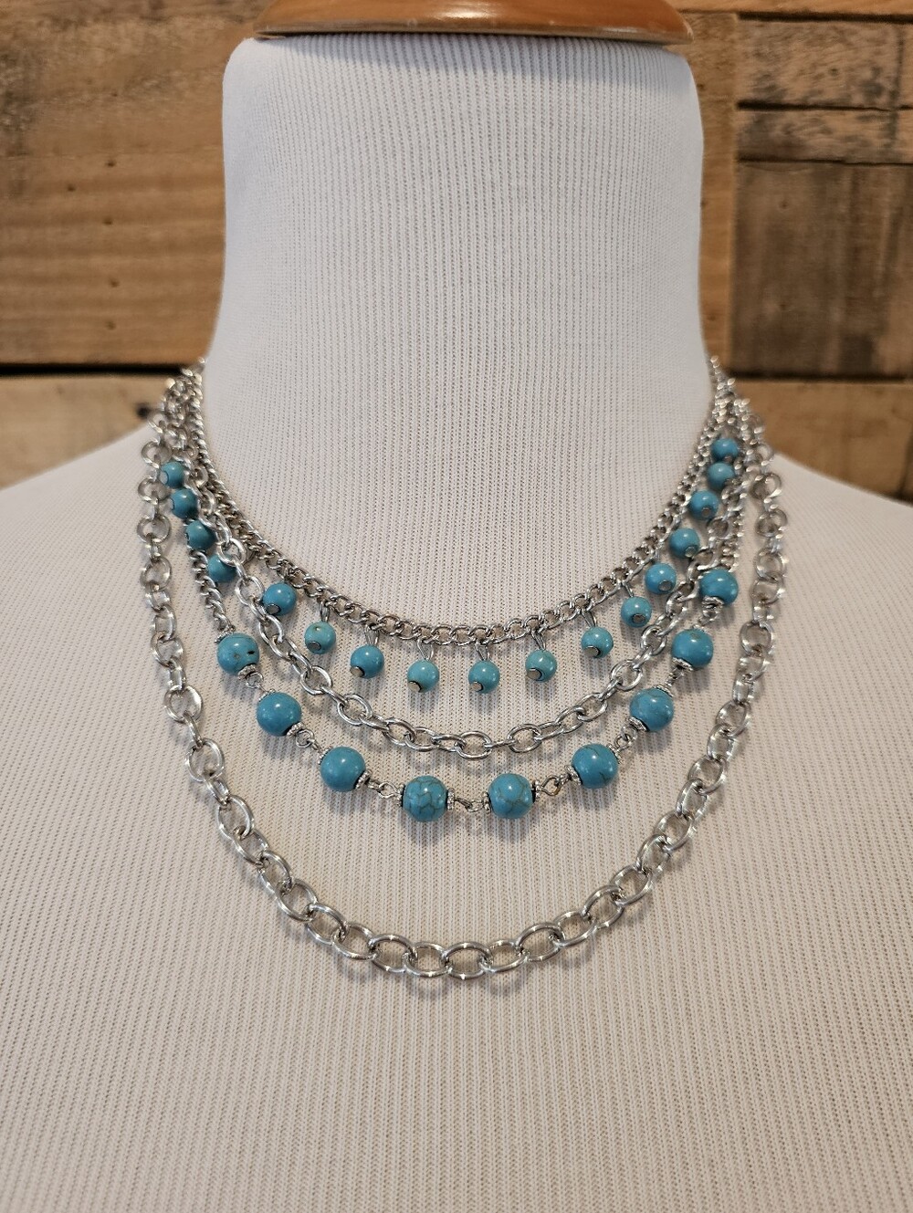 Multi-Strand Silvertone Chain Necklace w/ Turquoise Color Dyed Howlite Beads